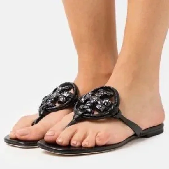 Tory Burch Miller Sandals Jeweled Embellished Black - Picture 8 of 9